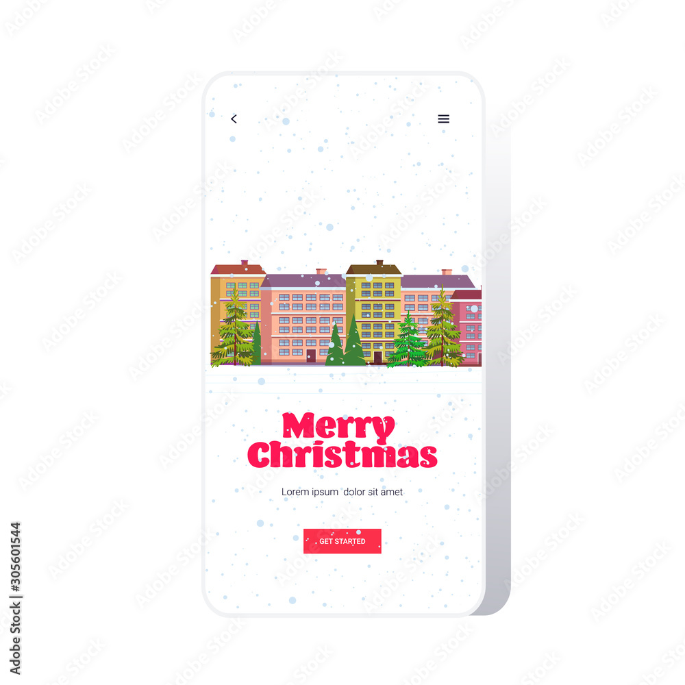 Obraz premium cute houses in winter season snowy town street merry christmas happy new year greeting card holidays celebration concept smartphone screen mobile app cityscape snowfall background vector illustration