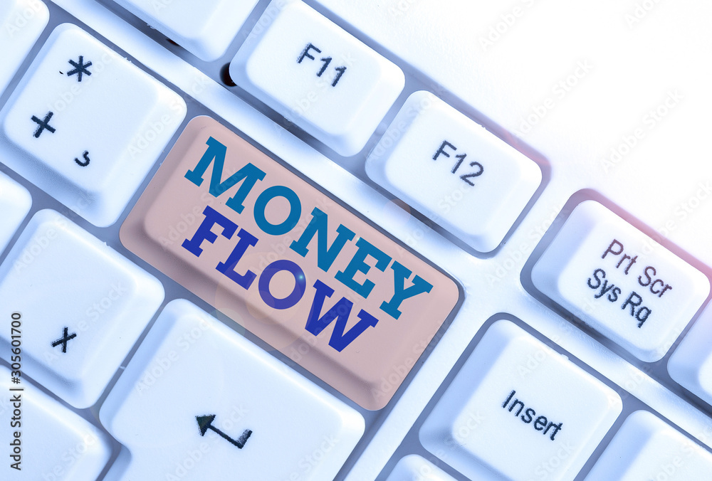 Handwriting text writing Money Flow. Conceptual photo the increase or decrease in the amount of money a business White pc keyboard with empty note paper above white background key copy space Handwriting text writing Money Flow. Conceptual photo the increase or decrease in the amount of money a business White pc keyboard with empty note paper above white background key copy space