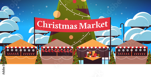 christmas market or holiday outdoor fair with decorated fir tree merry xmas new year winter holidays celebration concept landscape background horizontal vector illustration