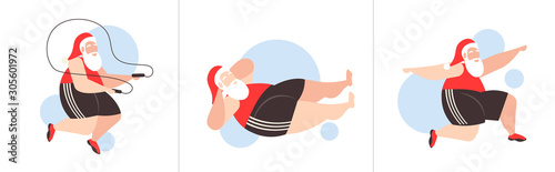 Fat Santa Claus doing different exercises overweight