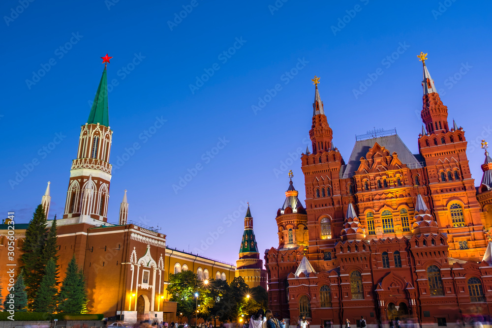 Red Square,  stunning view of State historical museum and Kremlin Palace during blue twilight time in evening, Moscow, Russia