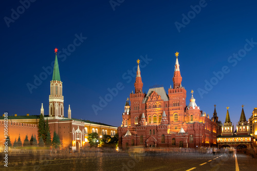 Red Square,  stunning view of State historical museum and Kremlin Palace during blue twilight time in evening, Moscow, Russia
