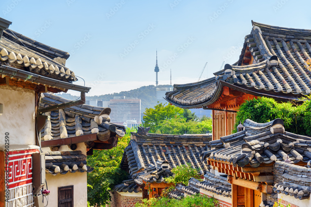 Awesome view of black tile roofs of traditional Korean houses