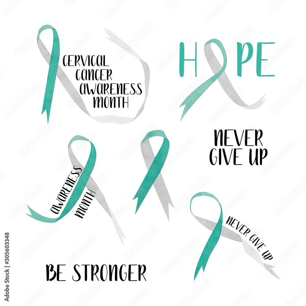 Watercolor teal-clear awareness ribbons. Cervical cancer ribbon, isolated  on white background. Stock Illustration