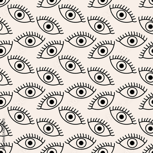 Eyes open seamless background. Monochrome, vector hand drawn on white background