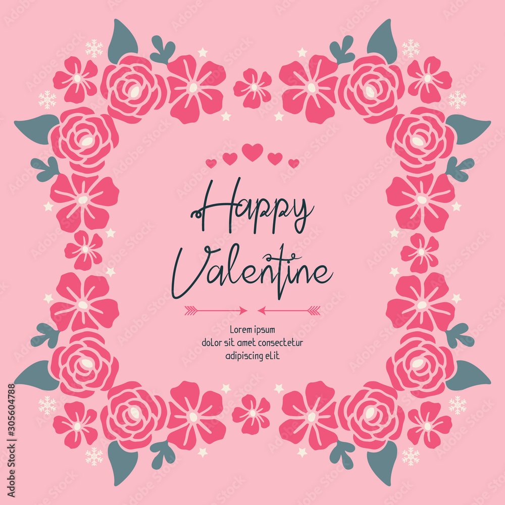 Elegant banner lettering of valentine day, with decorative beauty of pink flower frame. Vector