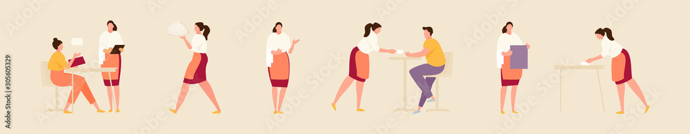 Waitress in various working situations. Vector modern illustration Waitress in various working situations. Vector modern illustration