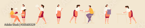 Waitress in various working situations. Vector modern illustration