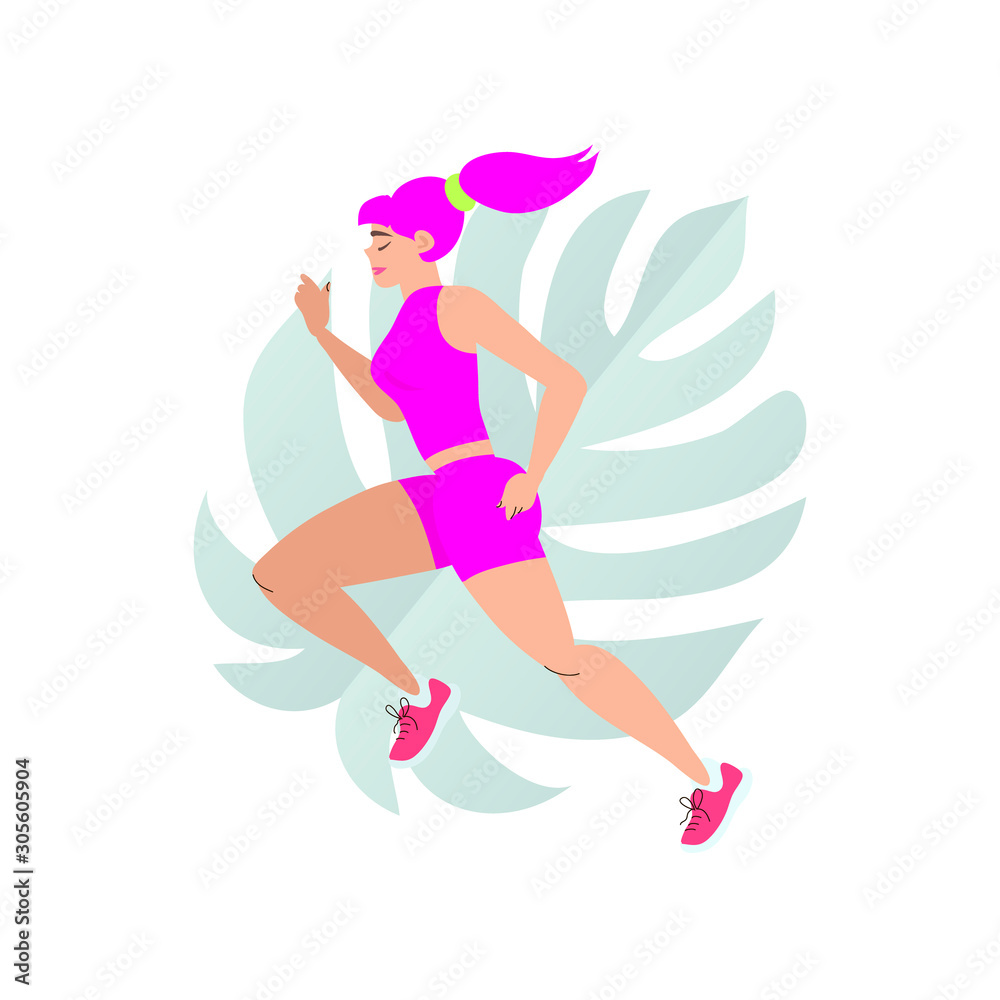 Young lady running. Happy fitness woman. Colorful Woman on white background. Jogging. Dynamic movement. Side view. Summer sport time. Nature. Monstera. Young lady running. Happy fitness woman. Colorful Woman on white background. Jogging. Dynamic movement. Side view. Summer sport time. Nature. Monstera.