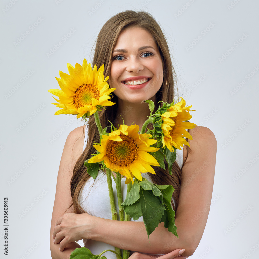 happy woman holding three sunflowers happy woman holding three sunflowers