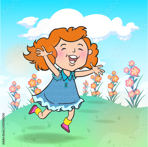 Little children play happily in the flower garden.hand drawn style vector design illustrations.