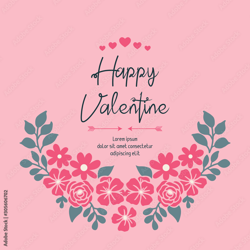 Cute greeting card happy valentine day, with texture plant of leaf flower frame. Vector