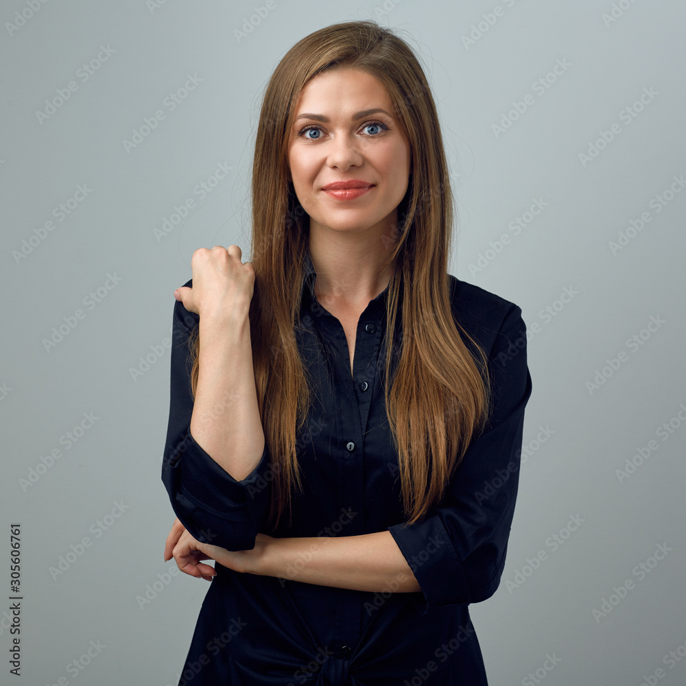 business woman with long hair in black dress business woman with long hair in black dress