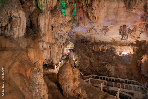 pathway underground cave in Laos, with stalagmites and stalactites