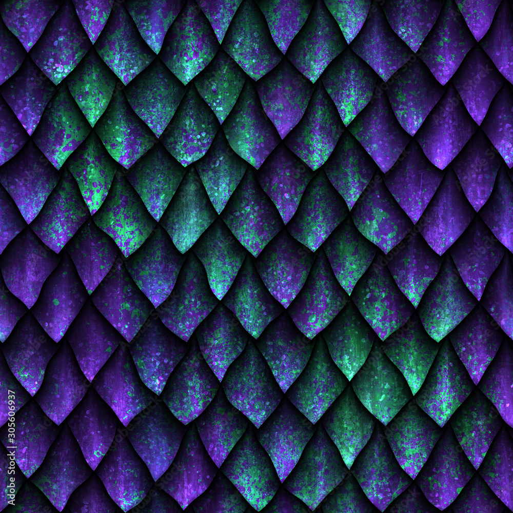 Fototapeta Seamless texture of dragon scales with green and violet grunge pattern, reptile skin, 3d illustration
