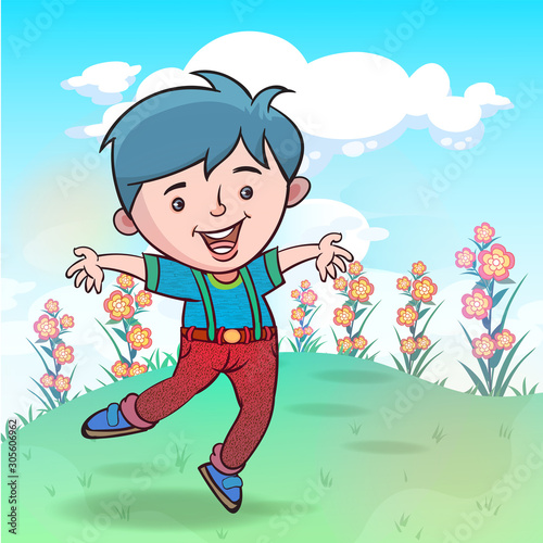 Little children play happily in the flower garden.hand drawn style vector design illustrations.