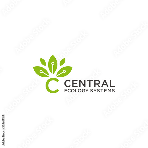 technology logo with the letter c and leaf elements, vector eps 10