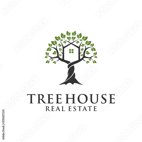 real estate logo with tree trunked elements combined with house, vector eps 10