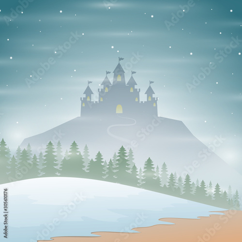 Christmas winter castle silhouette on the hill