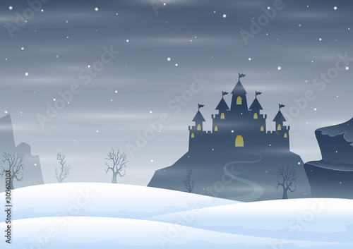 Christmas winter castle silhouette on the hill