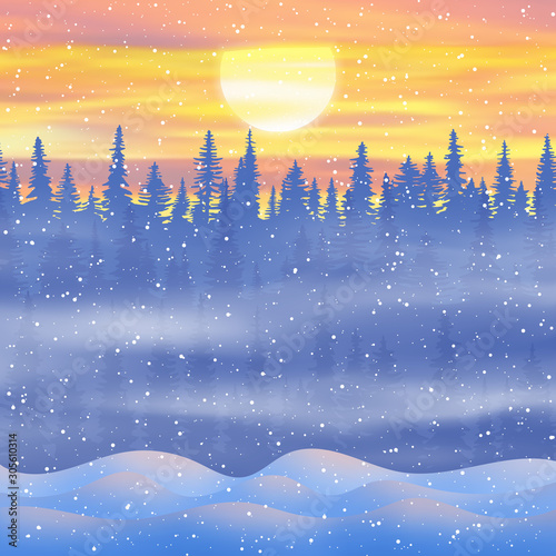 Fantasy on the theme of the winter landscape. The sun sets behind the trees. Forest and snow drifts, snowfall. Vector illustration, EPS10