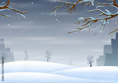 Winter landscape with snow covered frozen tree branches