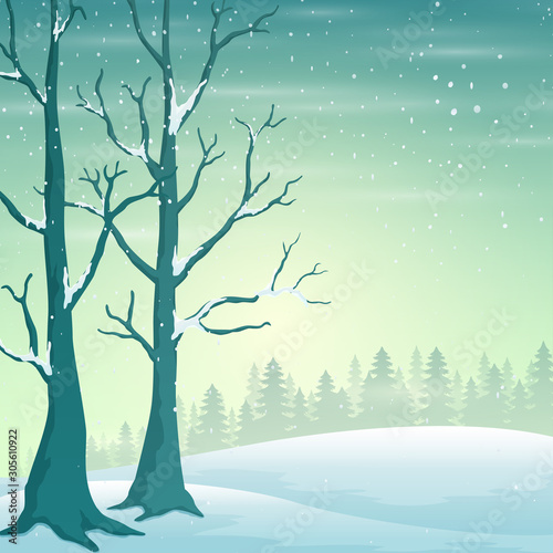 Holiday winter landscape with falling snow and naked trees