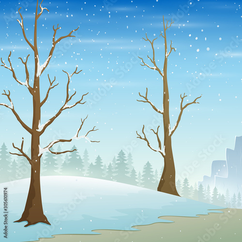 Holiday winter landscape with falling snow and naked trees
