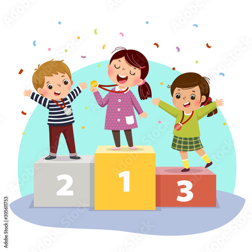 Vector illustration of three kids with medals standing on winners pedestal.