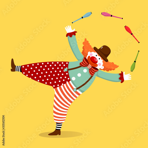 Vector illustration cartoon of a cute clown juggling with clubs.