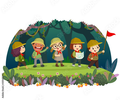 Group of kid travelers with backpack hiking in the forest. Children have summer outdoor adventure.