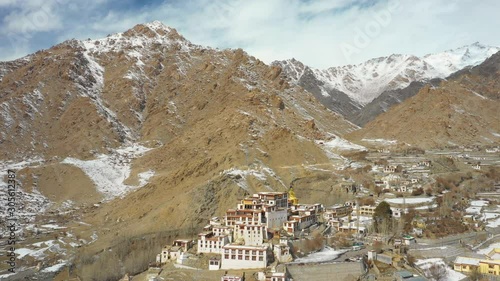 Aerial view of Likir Monastery on a winter day. Founded in the 14th century and according to Buddhist mythology it was the first construction by Tibetan monks. Indus Valley in Ladakh