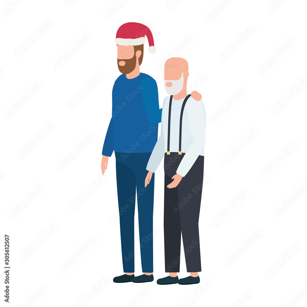 cute grandfather with young son using christmas hat