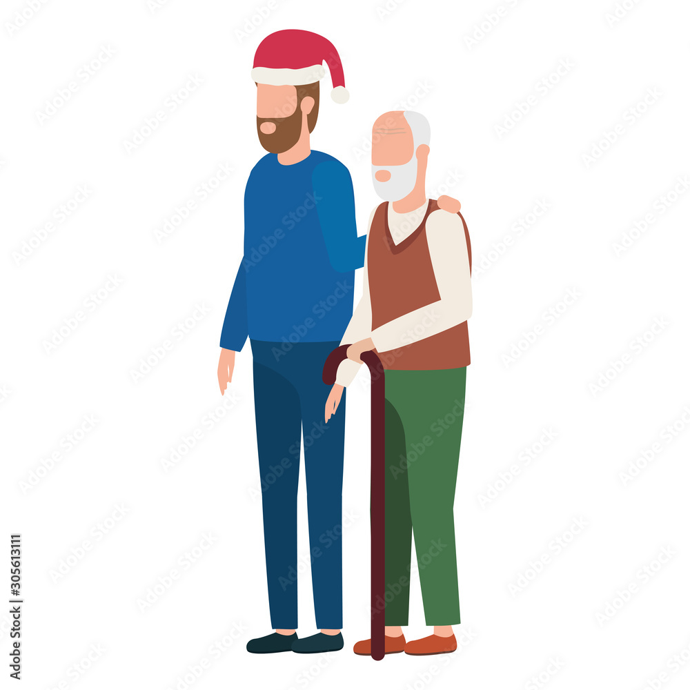 cute grandfather with young son using christmas hat cute grandfather with young son using christmas hat