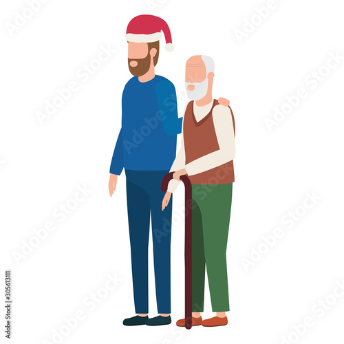 cute grandfather with young son using christmas hat