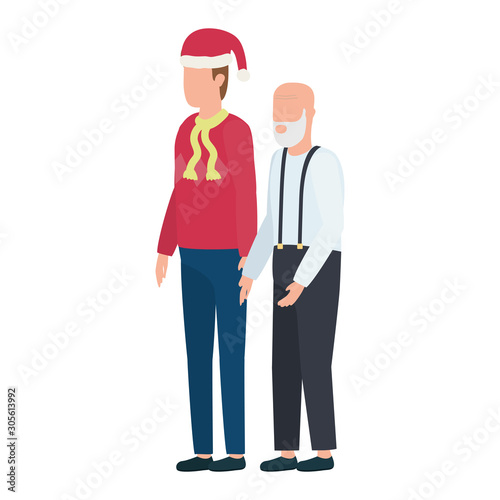 cute grandfather with young son using christmas hat