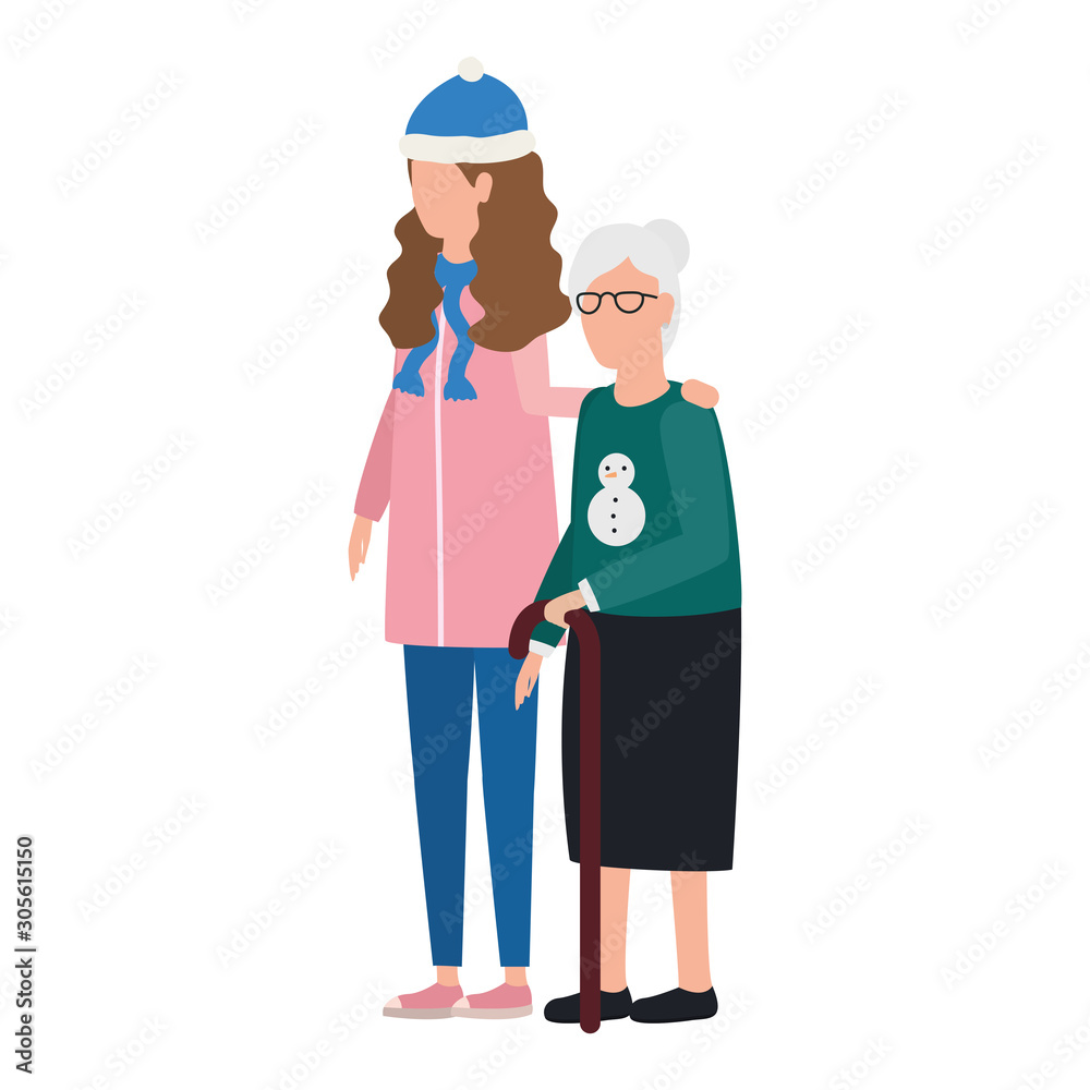 cute grandmother with daughter using christmas hat cute grandmother with daughter using christmas hat