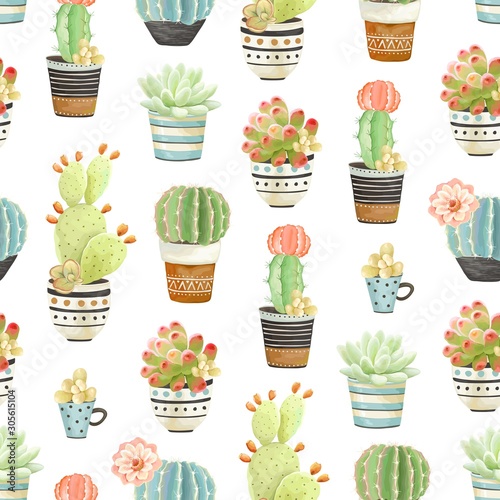 Seamless pattern of flowers pots with cacti and succulents. Vector illustration wallpapers, fabric or wrapping paper.