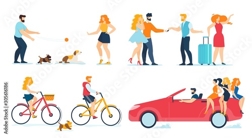 Happy People Travelling, Walking, Resting Flat Set