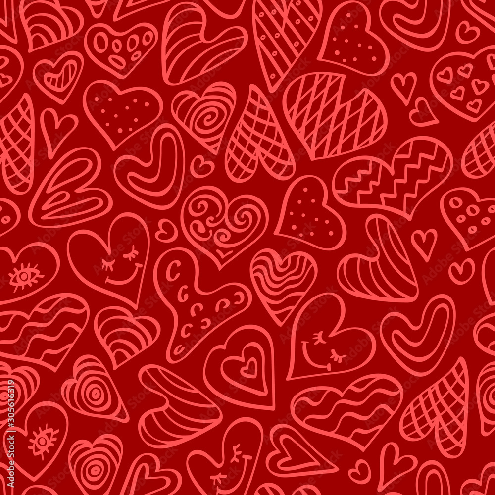 Cute hand drawn seamless pattern with heart shapes. Outline doodle elements on red background. Vector illustration.