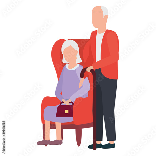 grandfather and grandmother seated in sofa avatars characters