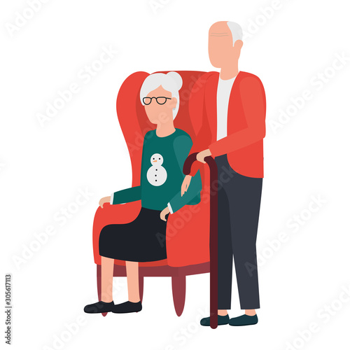 grandfather and grandmother seated in sofa avatars characters