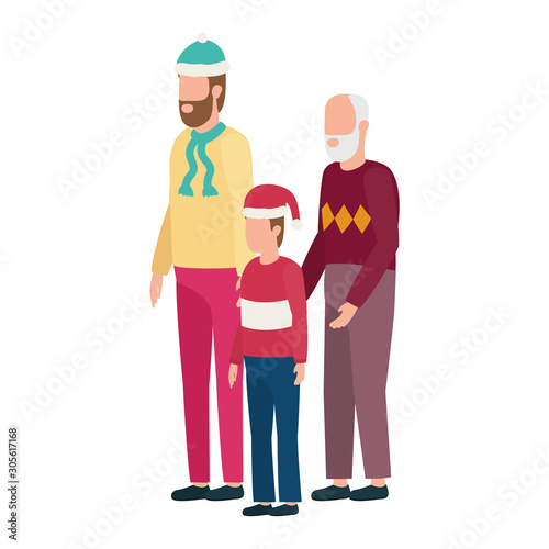 cute grandfather with young son and grandson using christmas hat