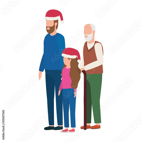 cute grandfather with young son and granddaughter using christmas hat