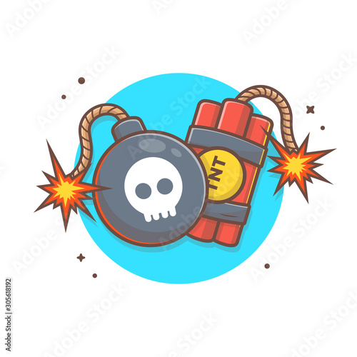Bomb and TNT Vector Illustration. Game Mascot Logo. Vector Bomb Icon. Explode. Burning Bomb. Burning Wick. Flat Cartoon Style Suitable for Web Landing Page,  Banner, Flyer, Sticker, Card, Background