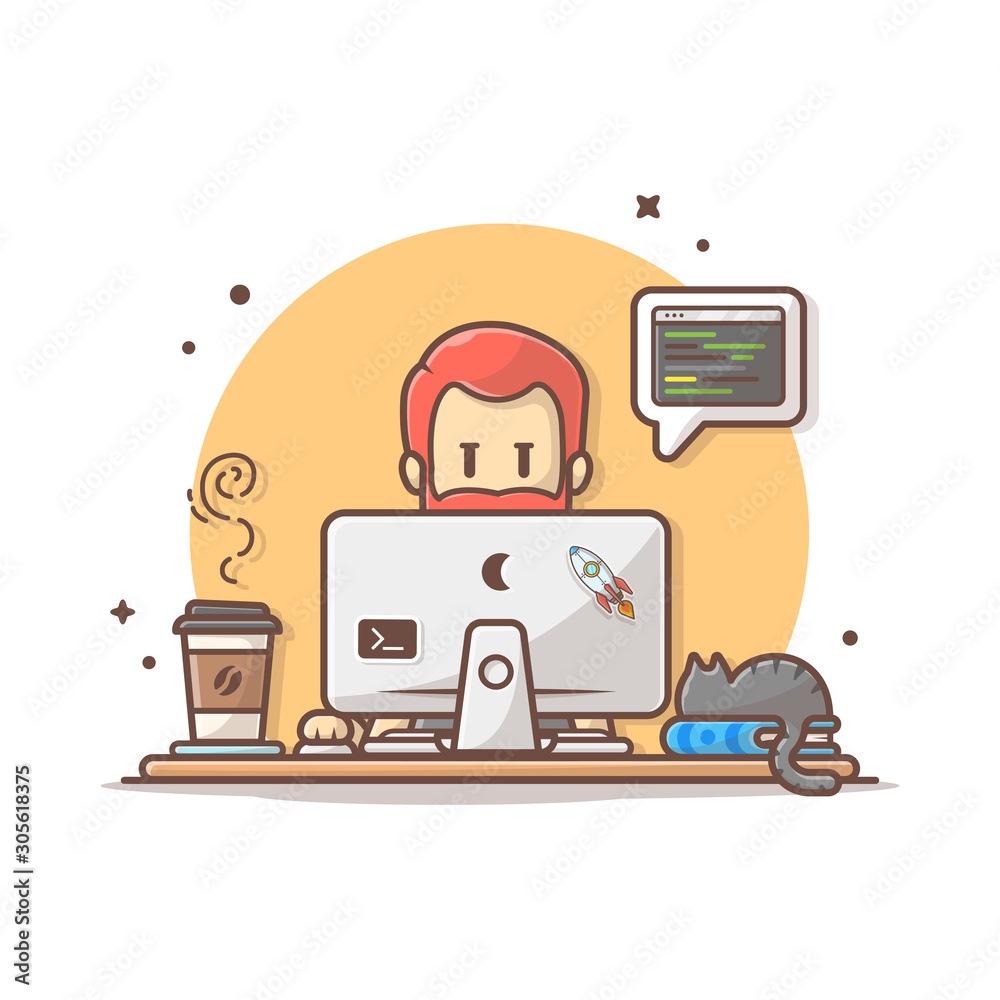 Programmer with Code, Cat on Book, and Coffee Vector Illustration.  Developer. Hacker. Software Engineer. Flat Cartoon Style Suitable for Web  Landing Page, Banner, Flyer, Sticker, Card, Background Stock Vector | Adobe  Stock