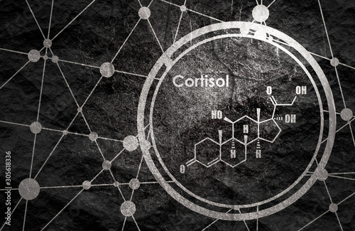 Chemical molecular formula hormone cortisol. Connected lines with dots background photo