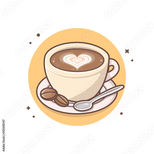 Morning A Cup of Coffee with Spoon and Love Sign Vector Illustration. Cafe Menu Restaurant. Coffee Shop logo. Flat Cartoon Style Suitable for Web Landing Page, Banner, Flyer, Sticker, Card, Background