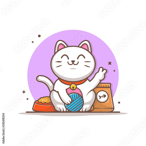 Cute Cat with Plying Wool Ball and Cat Food Vector Illustration. Cat Pet Icon Logo. Petshop Logo. Flat Cartoon Style Suitable for Web Landing Page,  Banner, Flyer, Sticker, Wallpaper, Card, Background