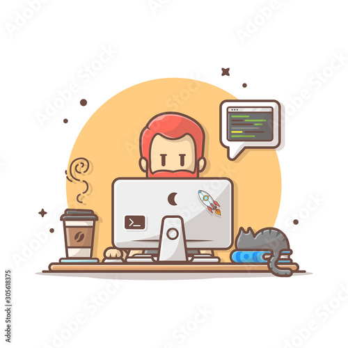 Programmer with Code, Cat on Book, and Coffee Vector Illustration. Developer. Hacker. Software Engineer. Flat Cartoon Style Suitable for Web Landing Page,  Banner, Flyer, Sticker, Card, Background